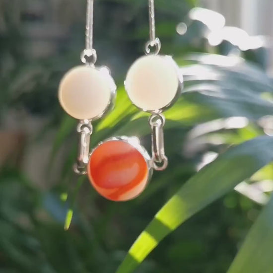 Genuine Scottish red and white sea glass marbles trio, sterling silver necklace