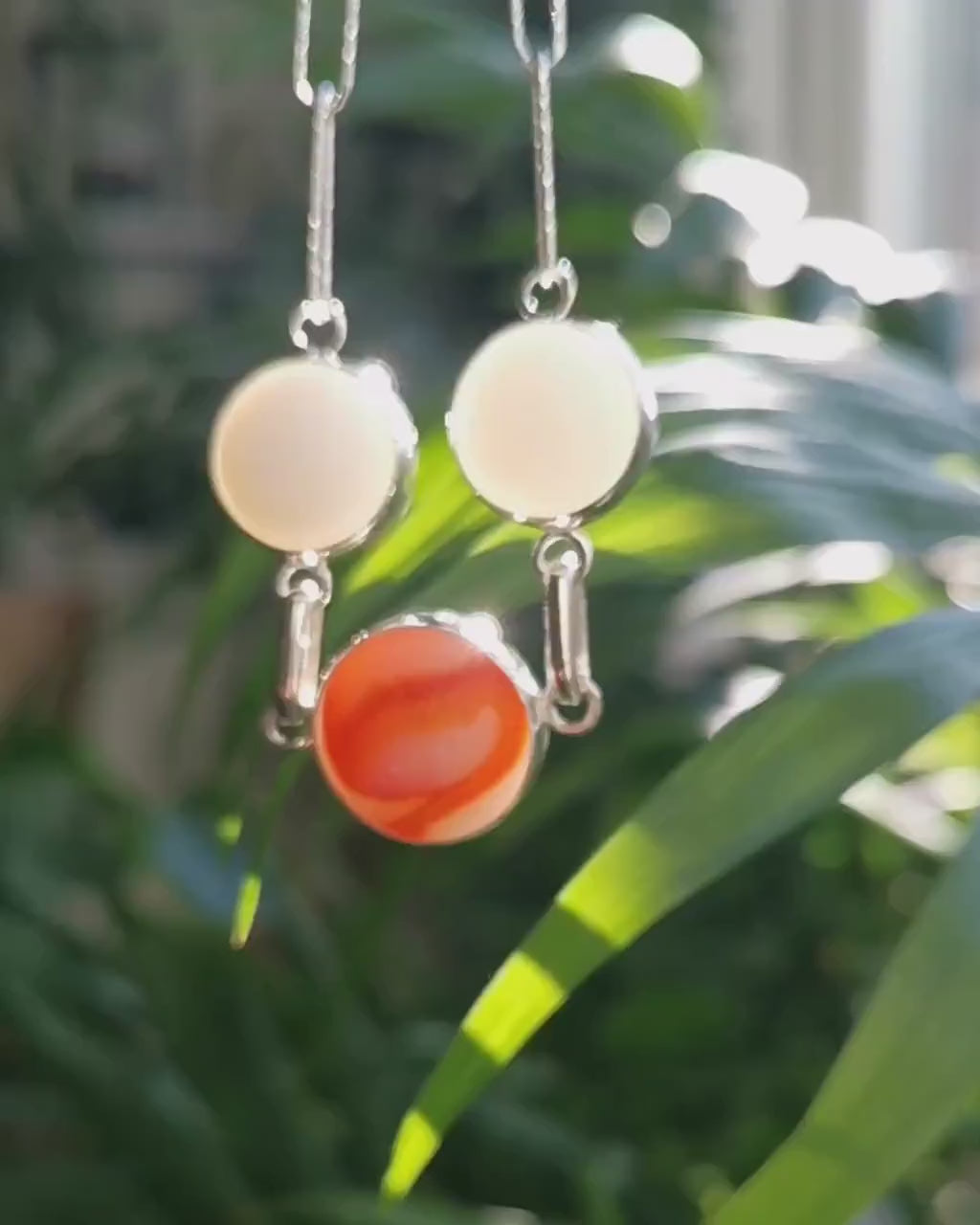 Genuine Scottish red and white sea glass marbles trio, sterling silver necklace