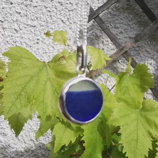 Scottish blue and clear multi sea glass pendant, sterling silver necklace