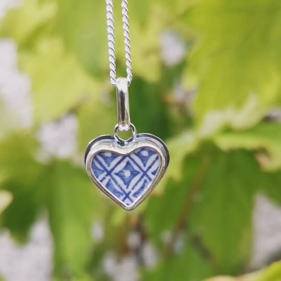 Scottish blue willow, blue and white pattern beach pottery heart pendant, sterling silver necklace