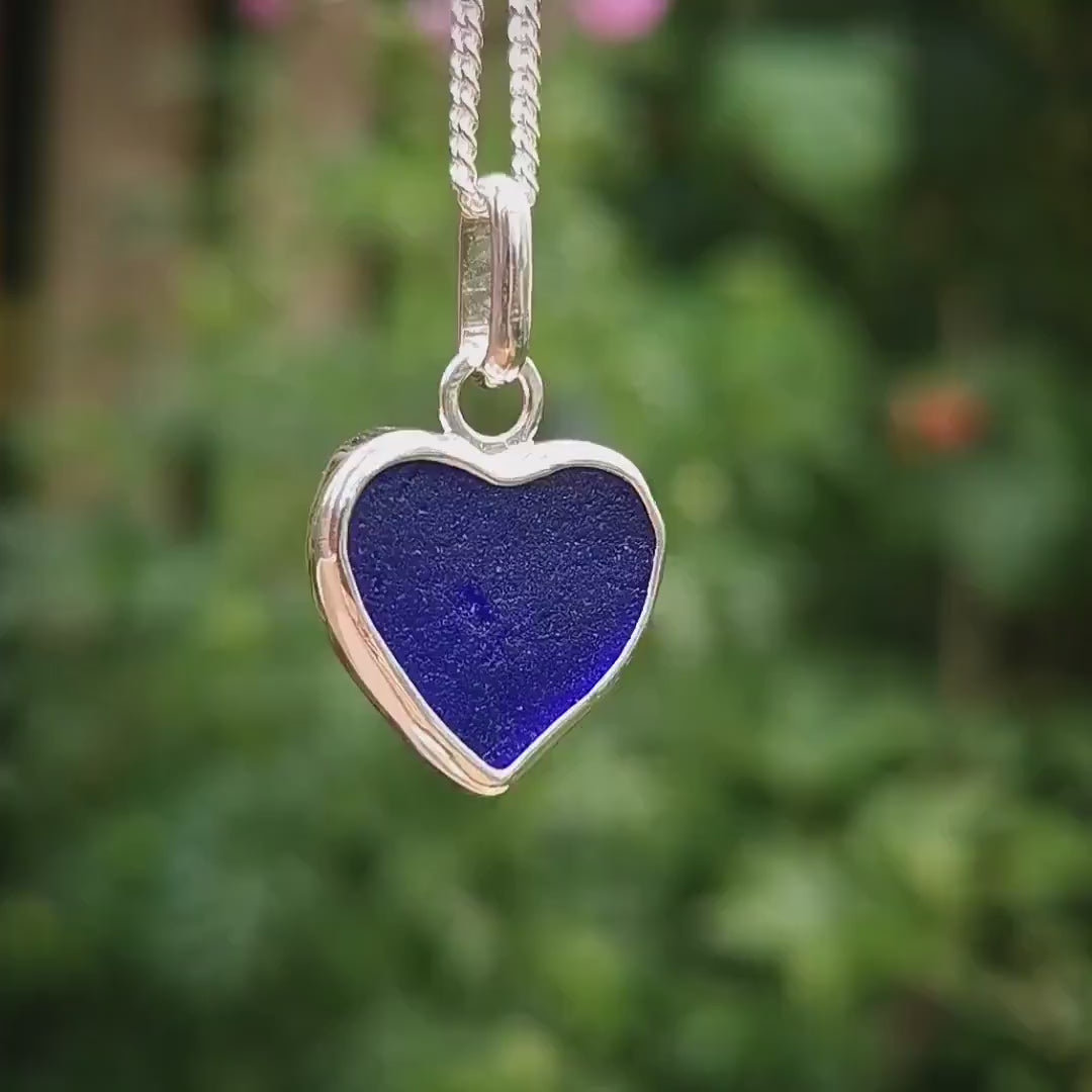 Blue textured sea glass heart pendant, sterling silver necklace