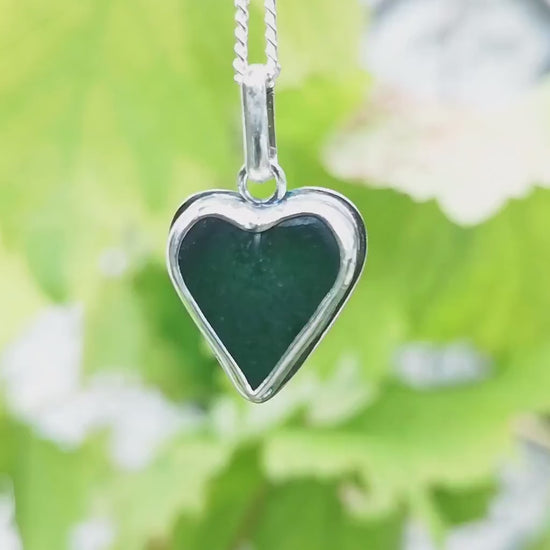 Scottish forest green sea glass heart pendant, sterling silver necklace