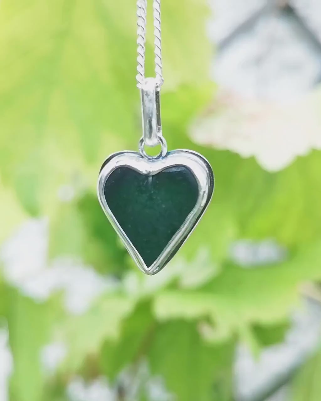 Scottish forest green sea glass heart pendant, sterling silver necklace