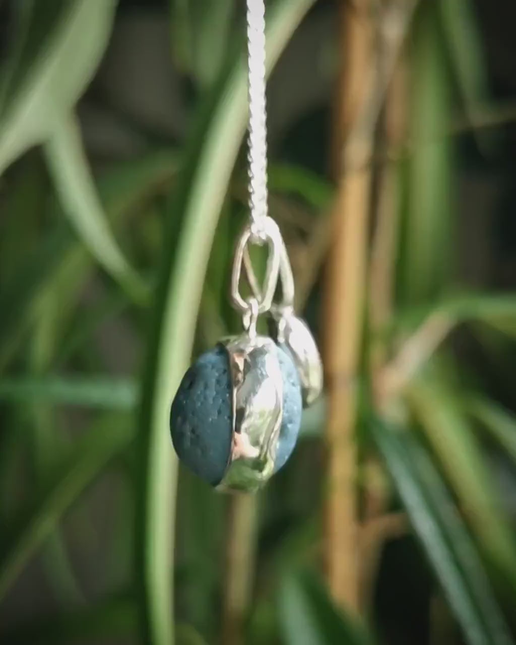 Seaham slag glass bubble and silver pebble wave pendants, sterling silver necklace