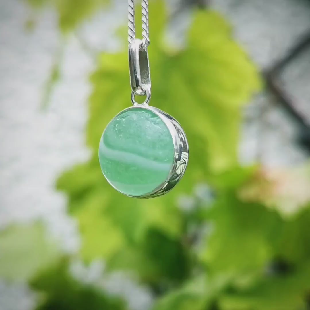 Scottish green and white sea glass marble, sterling silver necklace