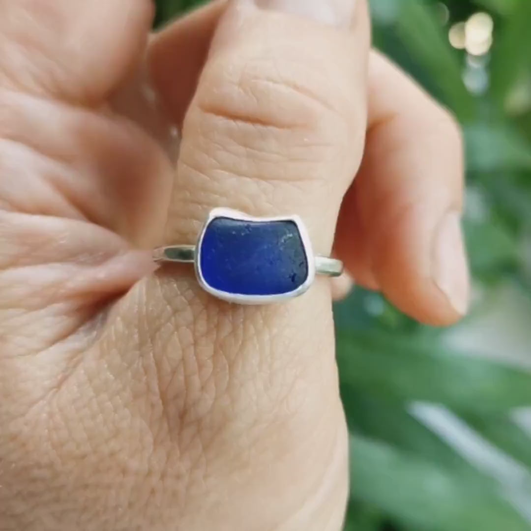 Genuine Scottish cobalt blue cat sea glass silver ring