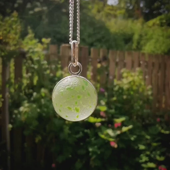 Green confetti sea glass marble pendant, sterling silver necklace