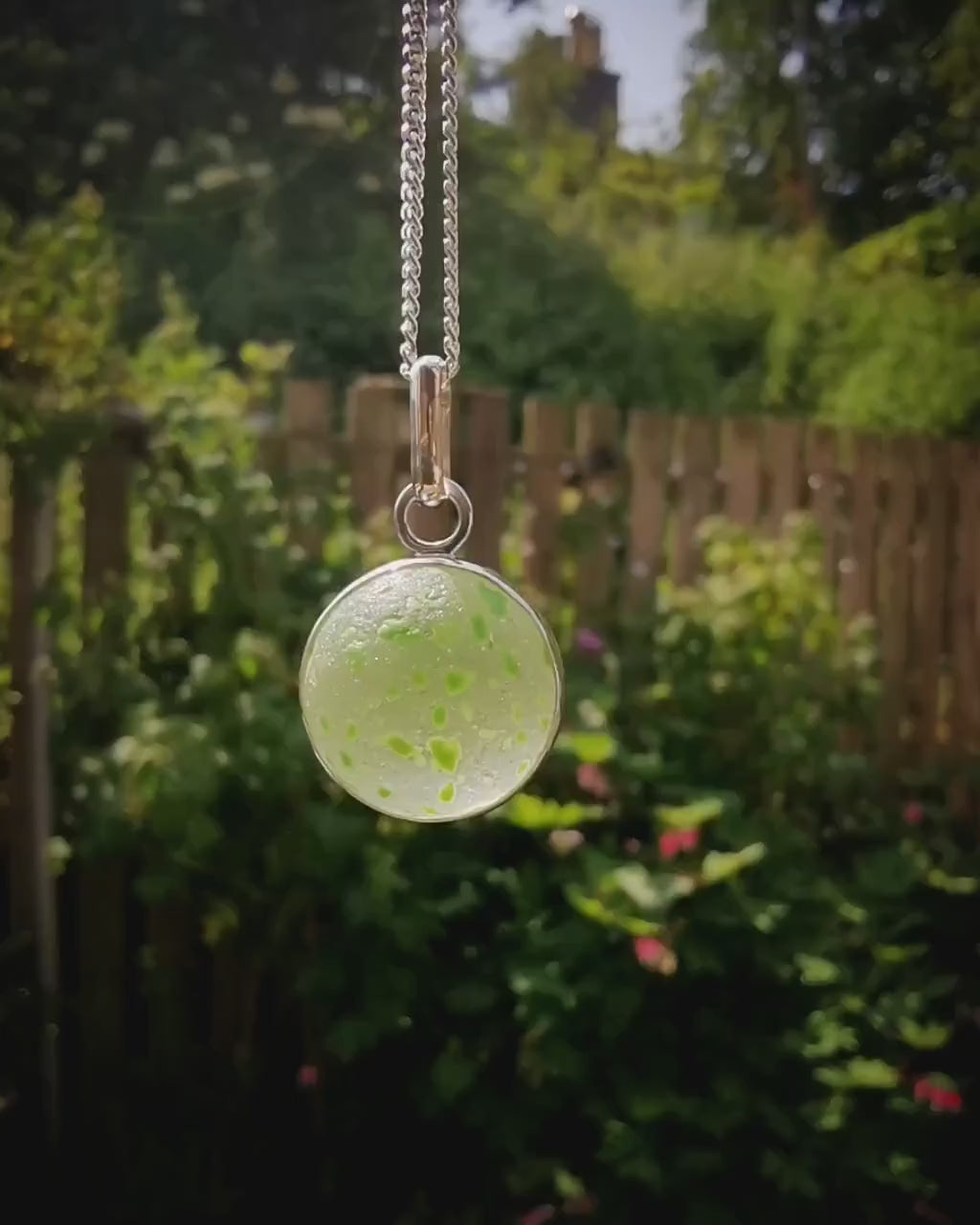 Green confetti sea glass marble pendant, sterling silver necklace