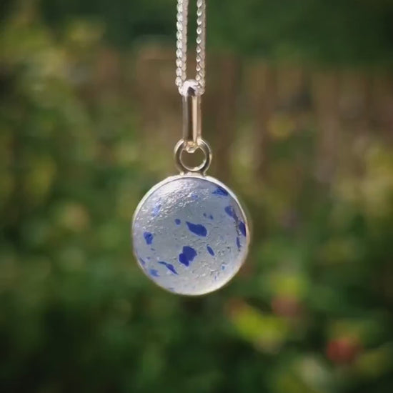 Blue confetti sea glass marble pendant, sterling silver necklace