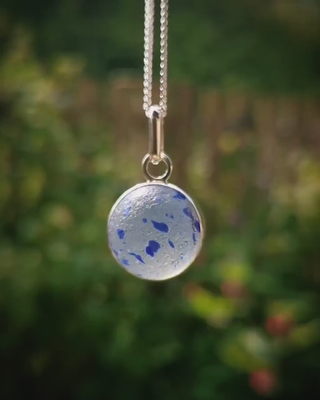 Blue confetti sea glass marble pendant, sterling silver necklace