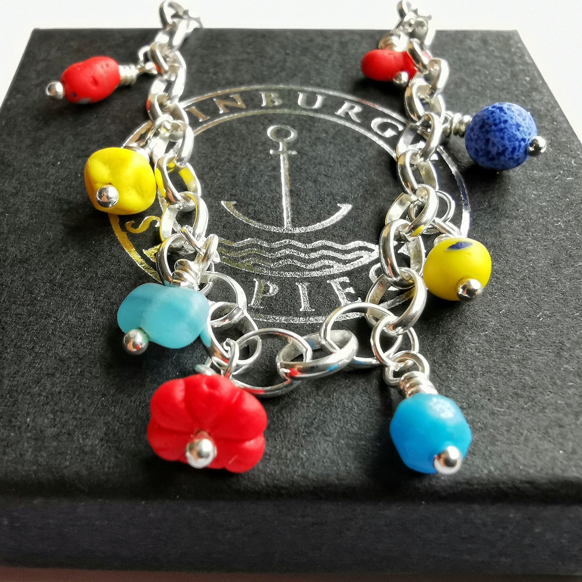 Scottish genuine sea glass beads, sterling silver charm bracelet 1941 - monopatin