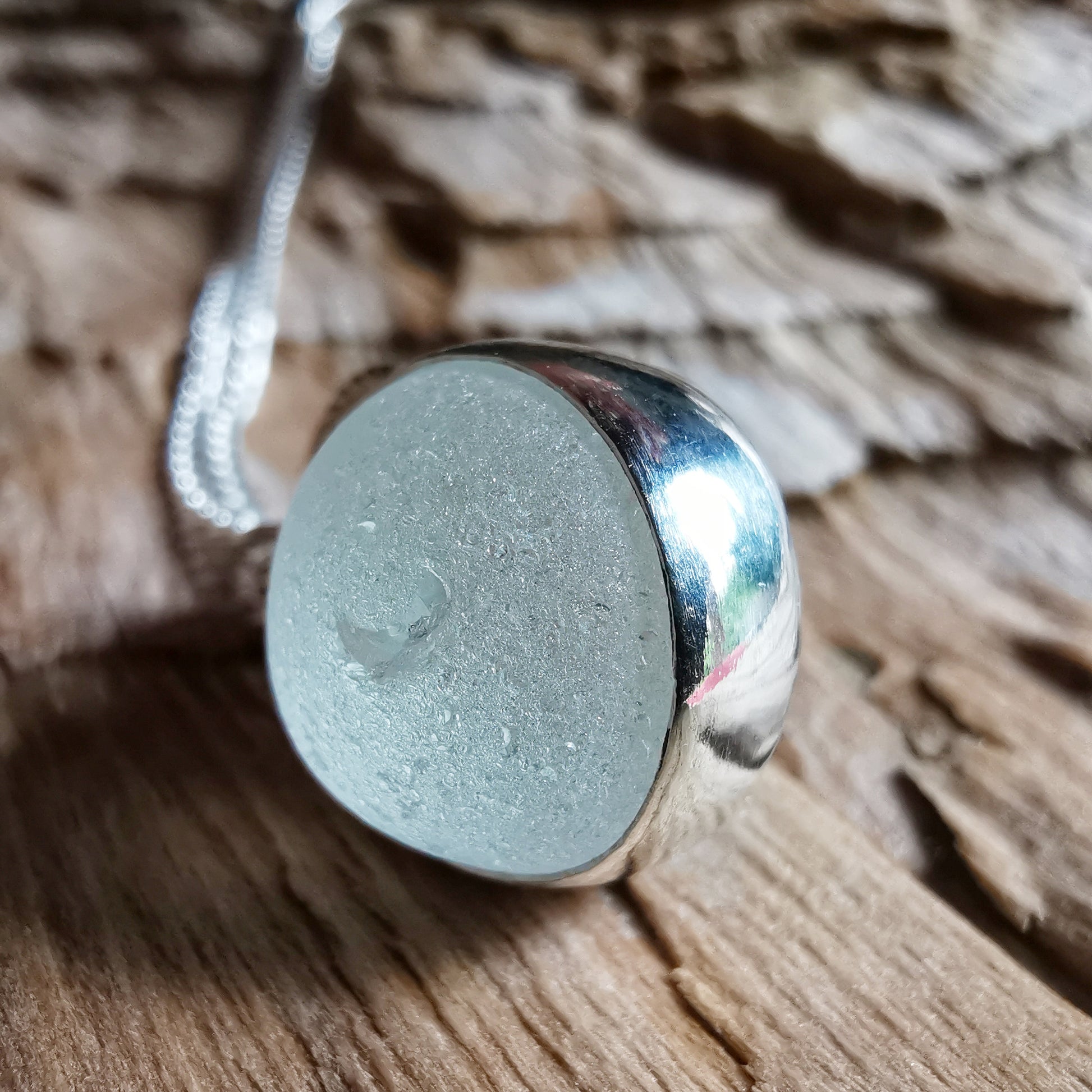 Scottish clear sea glass marble pendant, silver necklace - monopatin