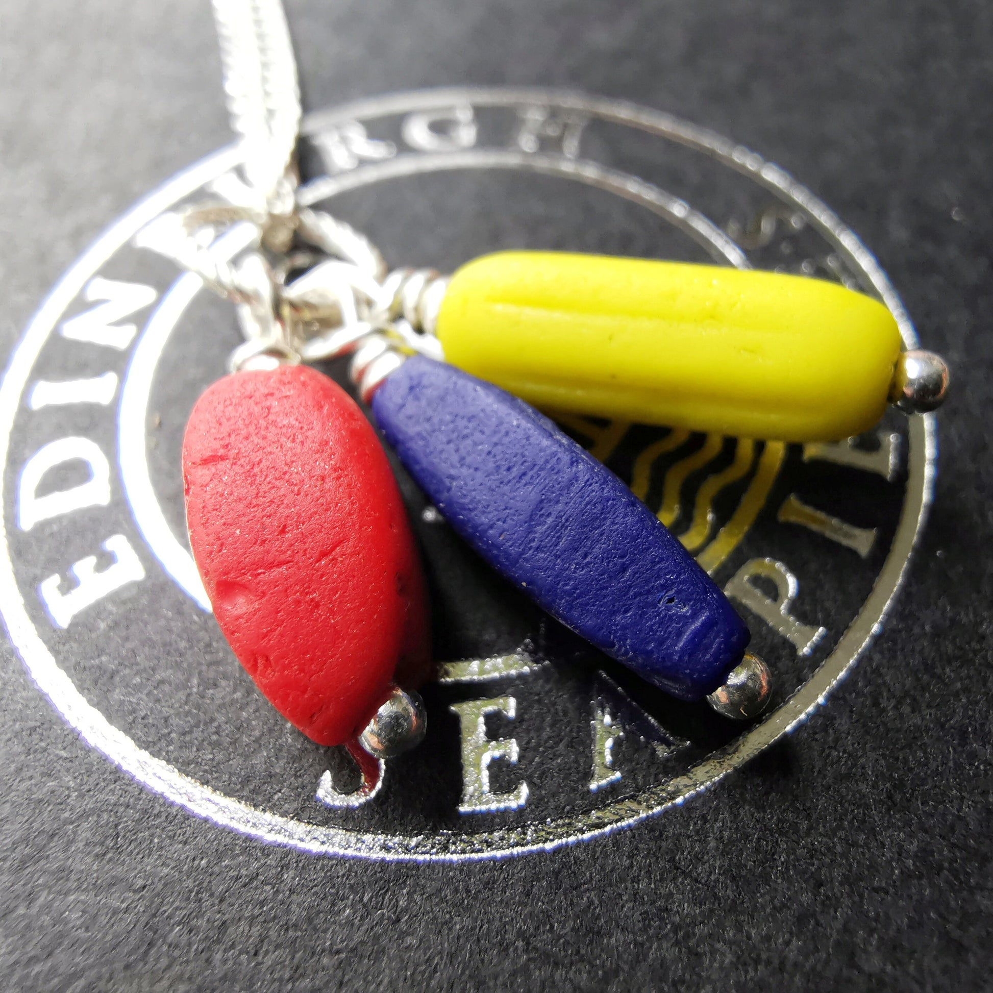 Scottish blue, red and yellow sea glass beads trio, sterling silver necklace - monopatin