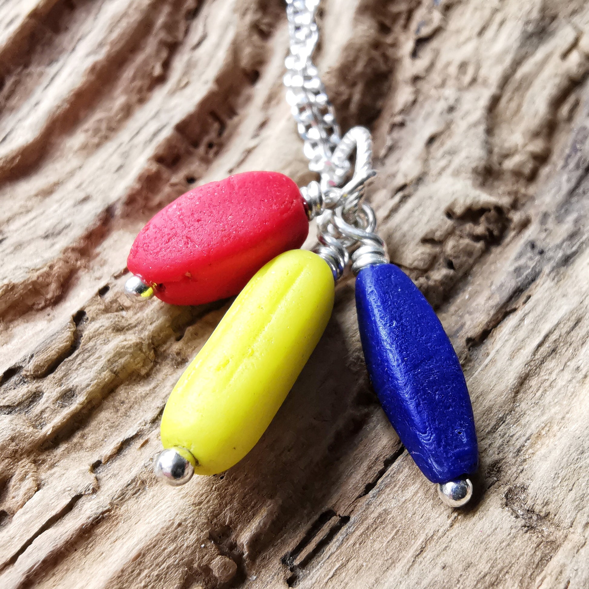 Scottish blue, red and yellow sea glass beads trio, sterling silver necklace - monopatin