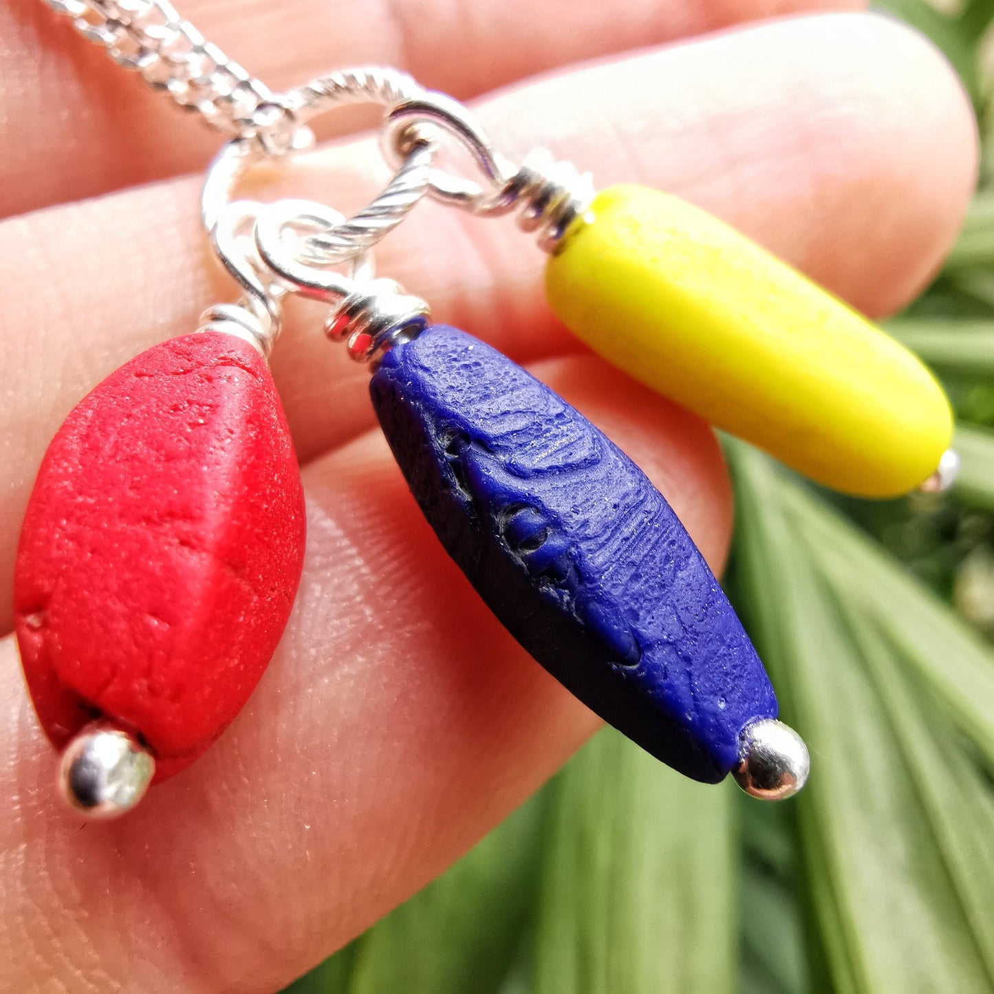 Scottish blue, red and yellow sea glass beads trio, sterling silver necklace - monopatin