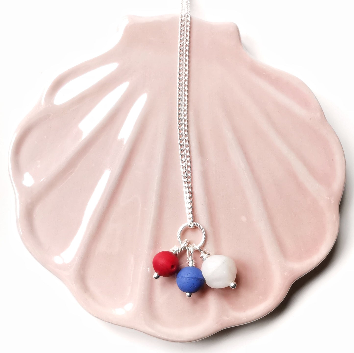 Scottish trio of sea glass beads in blue, red and white, sterling silver necklace - monopatin