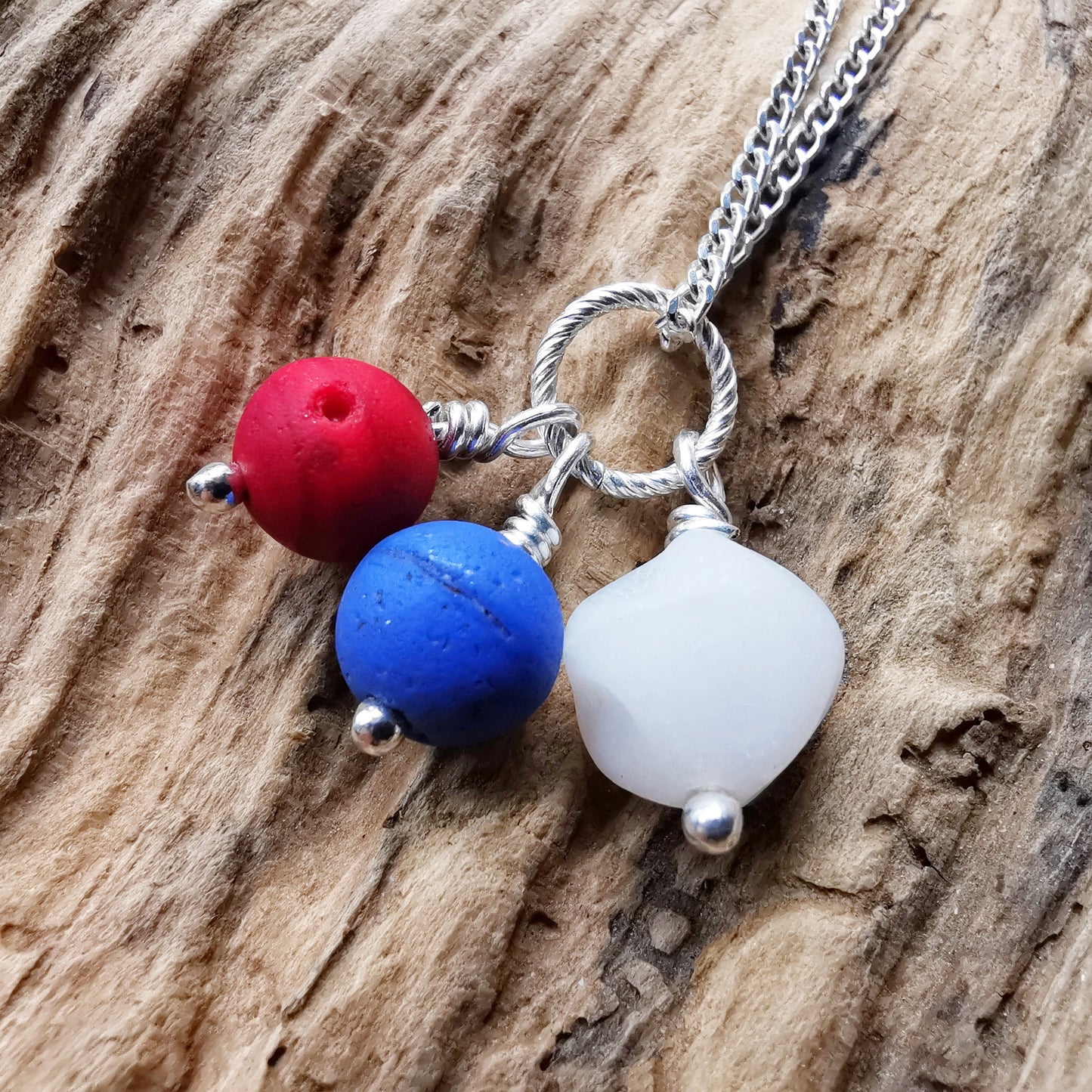 Scottish trio of sea glass beads in blue, red and white, sterling silver necklace - monopatin