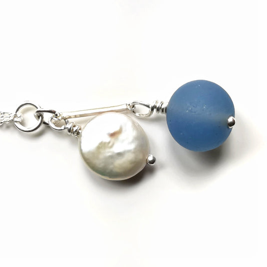 Scottish large cornflower blue sea glass bead and freshwater pearl duo, silver necklace - monopatin