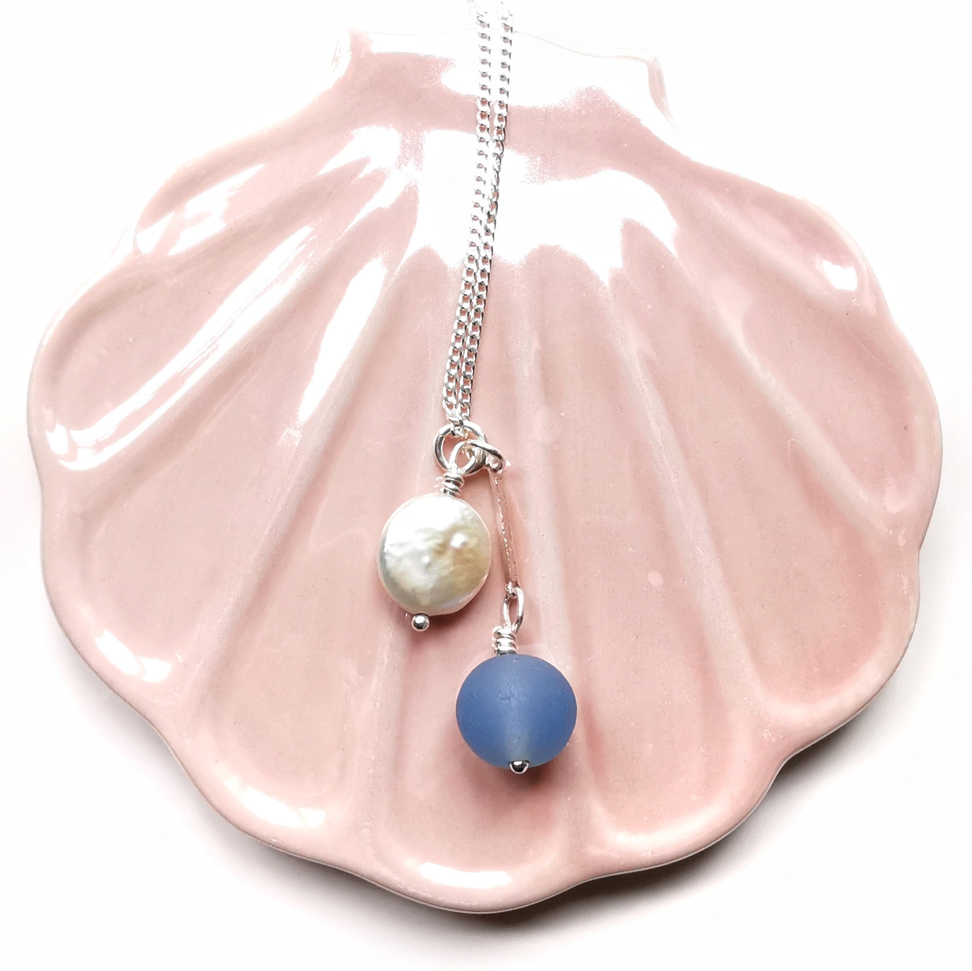 Scottish large cornflower blue sea glass bead and freshwater pearl duo, silver necklace - monopatin