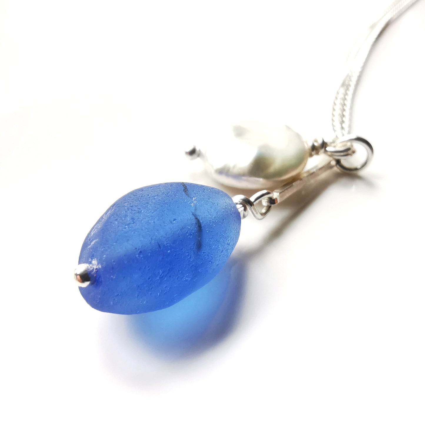 Scottish large blue sea glass bead and freshwater pearl duo, silver necklace - monopatin