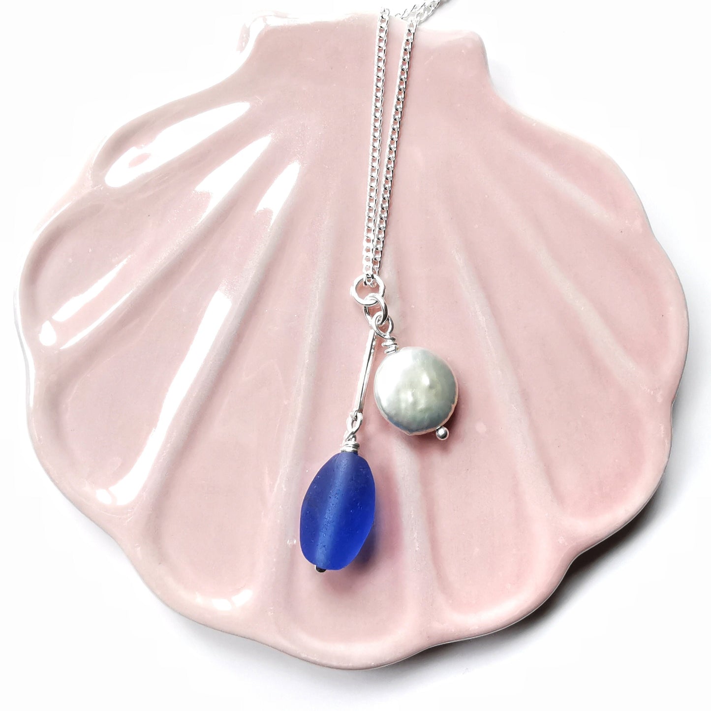 Scottish large blue sea glass bead and freshwater pearl duo, silver necklace - monopatin