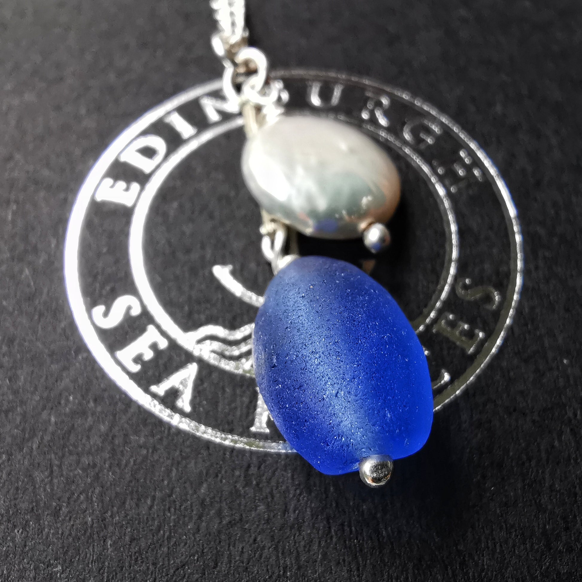 Scottish large blue sea glass bead and freshwater pearl duo, silver necklace - monopatin