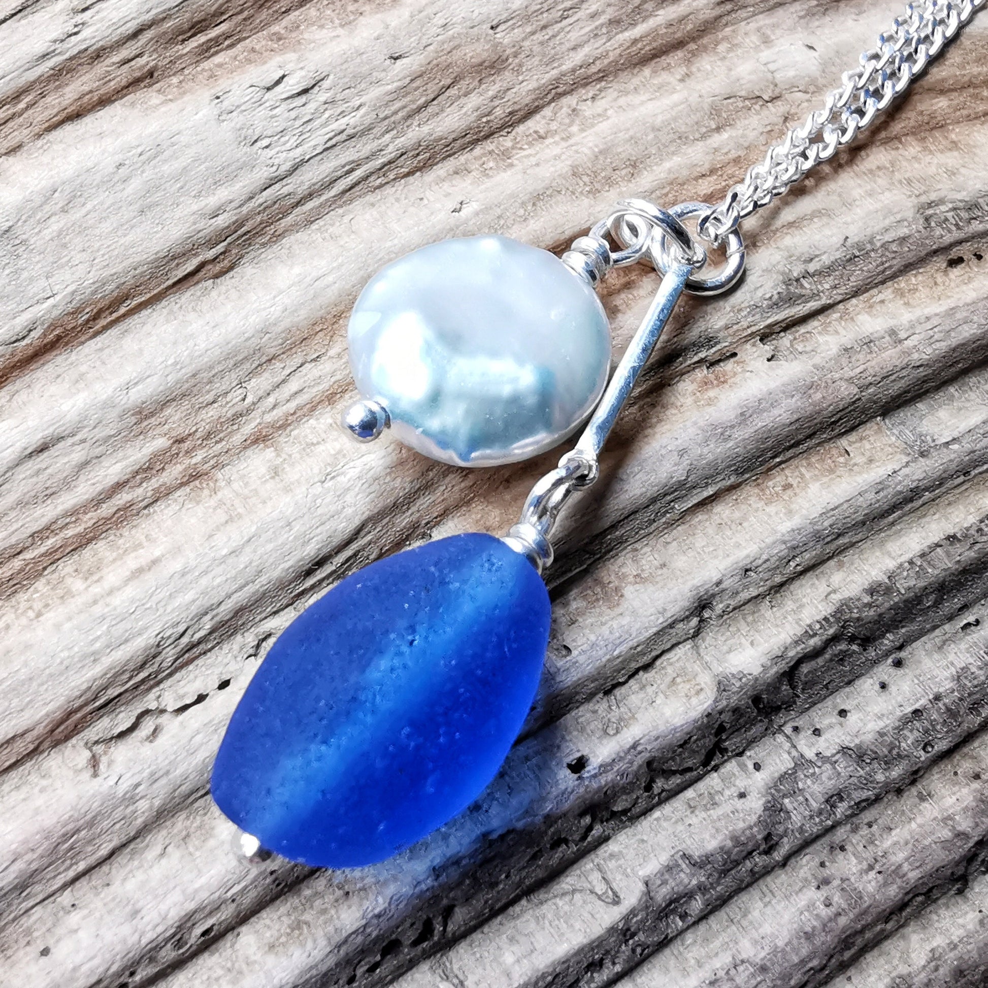 Scottish large blue sea glass bead and freshwater pearl duo, silver necklace - monopatin