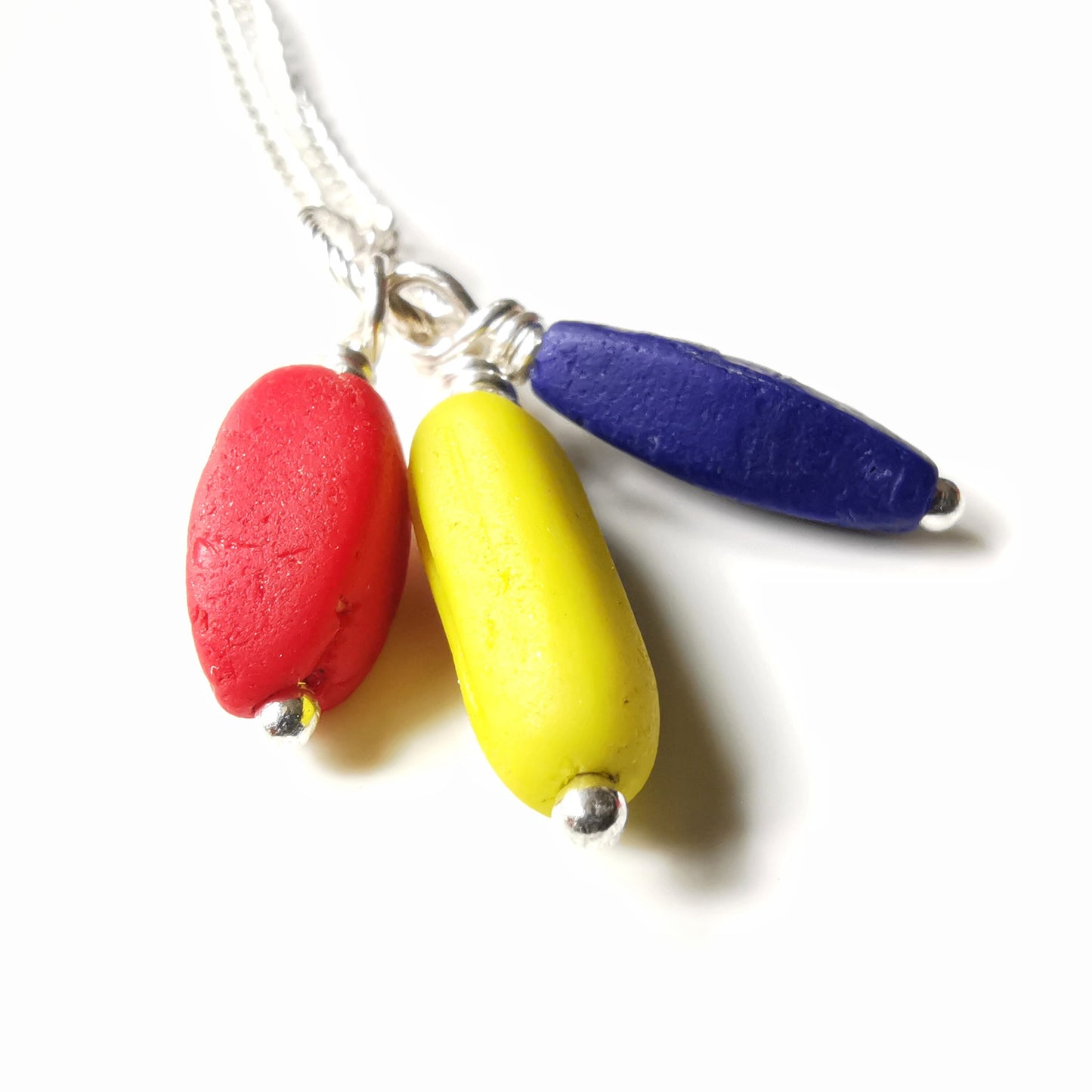 Scottish blue, red and yellow sea glass beads trio, sterling silver necklace - monopatin