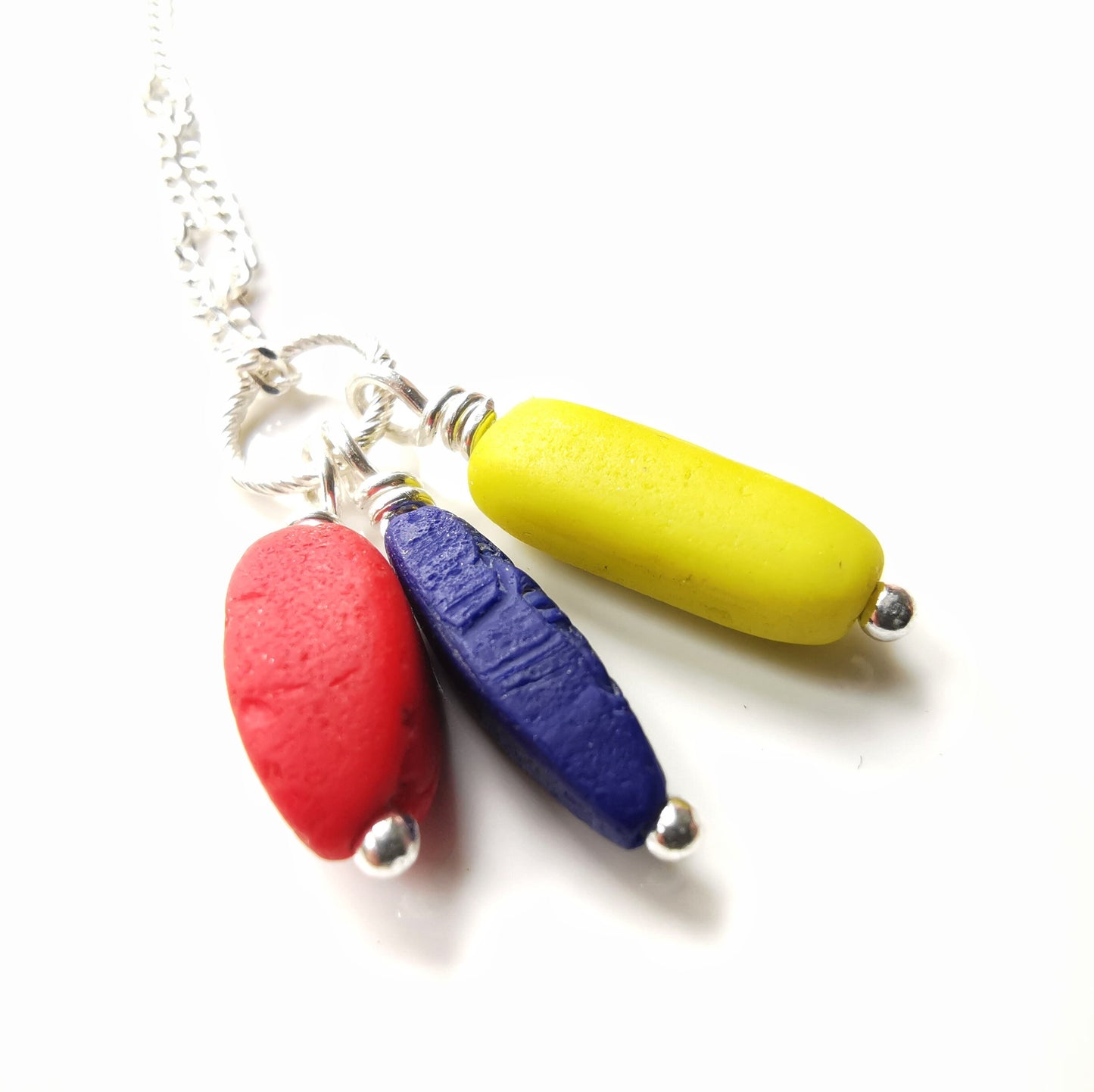 Scottish blue, red and yellow sea glass beads trio, sterling silver necklace - monopatin