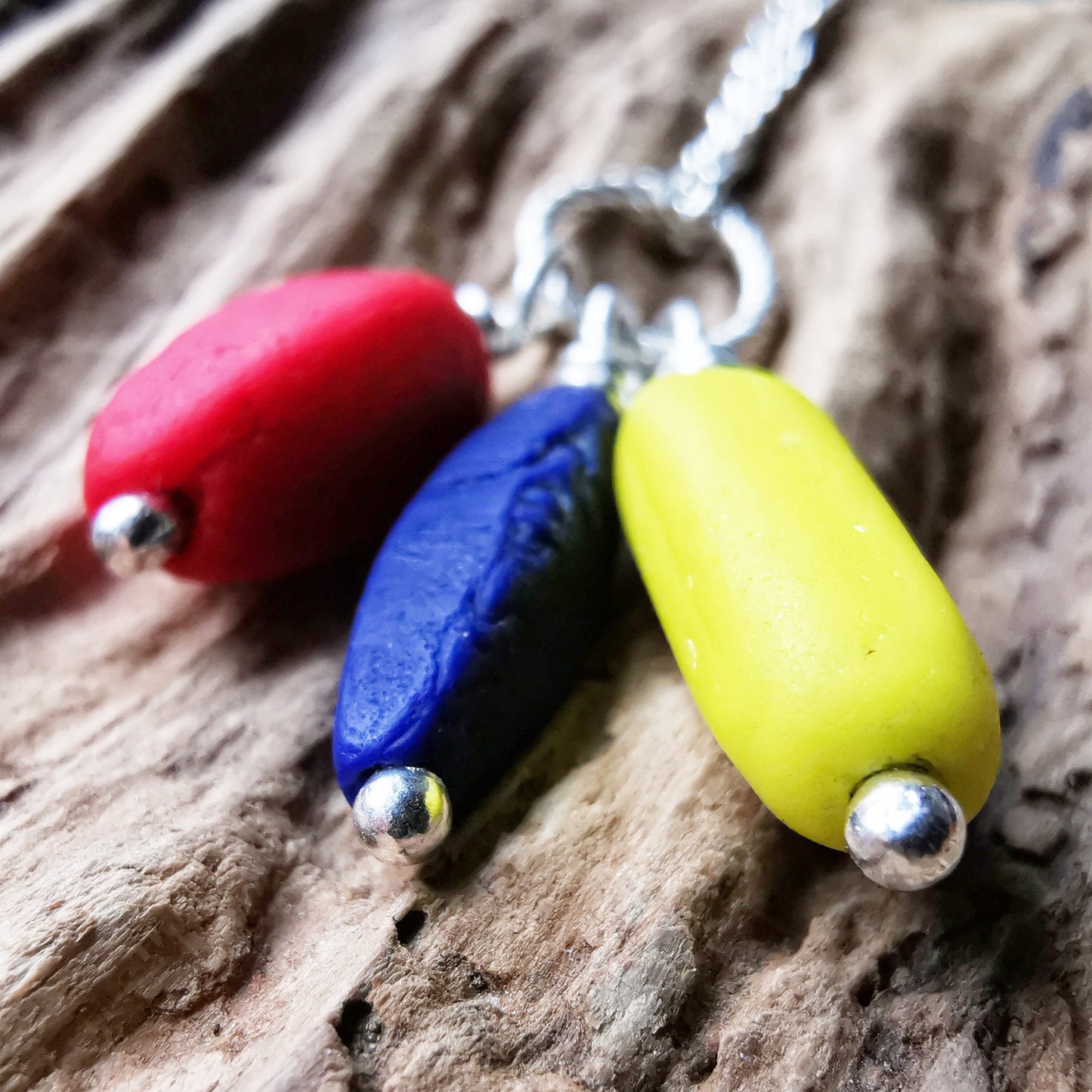 Scottish blue, red and yellow sea glass beads trio, sterling silver necklace - monopatin