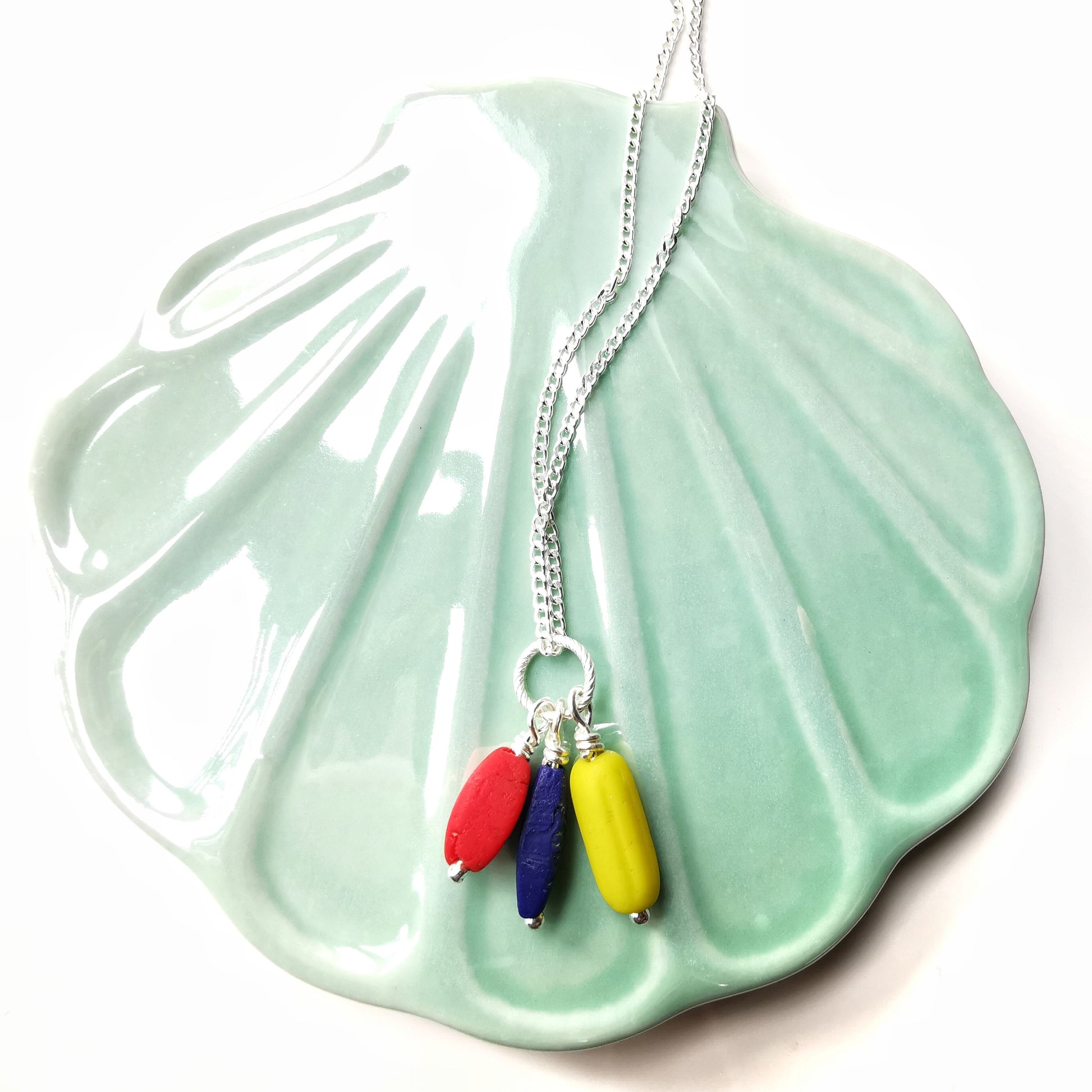 Scottish blue, red and yellow sea glass beads trio, sterling silver necklace - monopatin