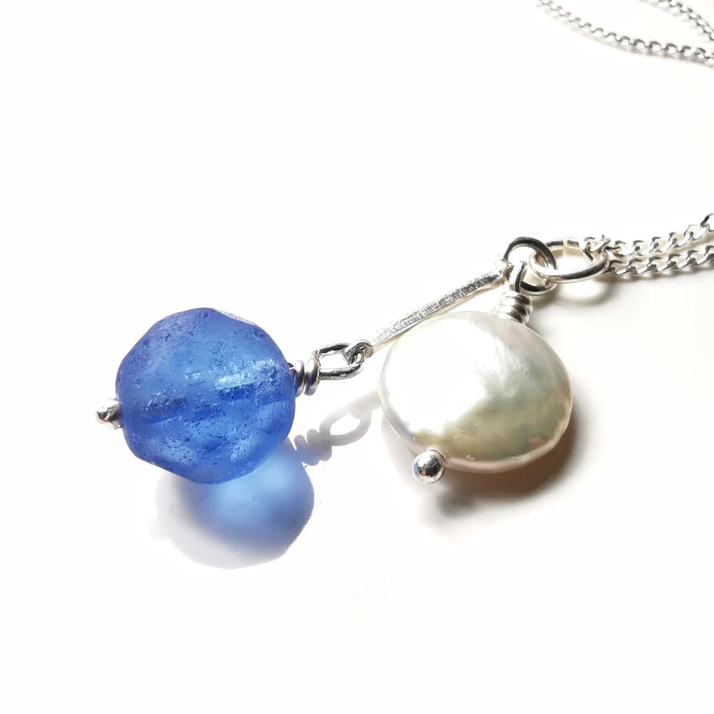 Scottish faceted sea glass bead and freshwater pearl duo, silver necklace - monopatin