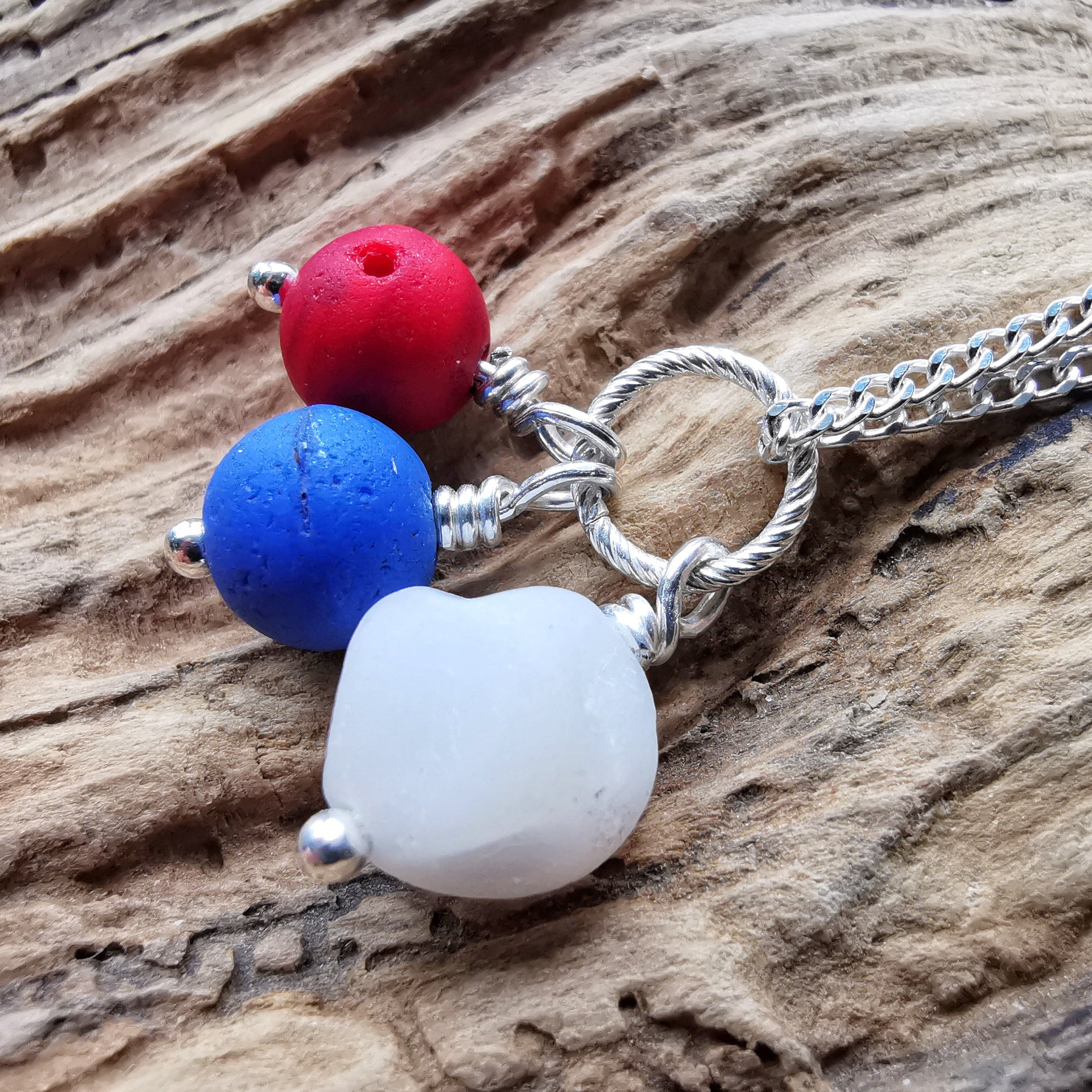 Scottish trio of sea glass beads in blue, red and white, sterling silver necklace - monopatin