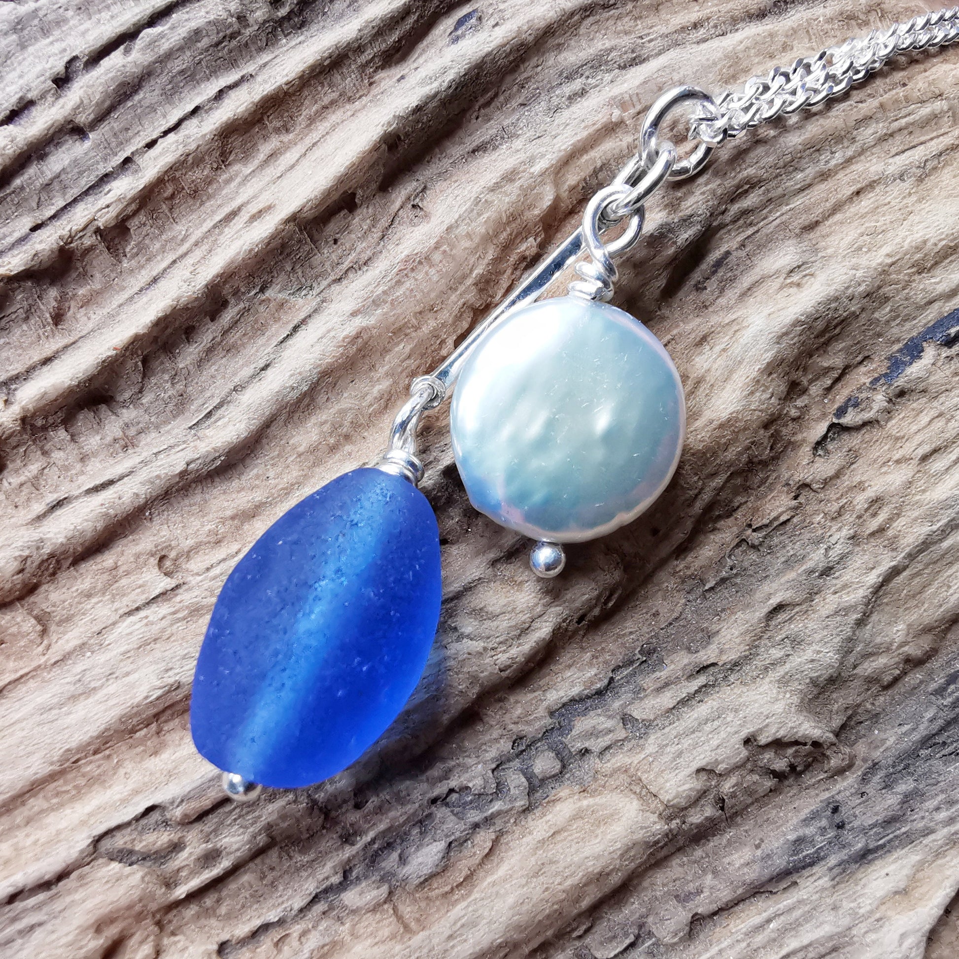 Scottish large blue sea glass bead and freshwater pearl duo, silver necklace - monopatin