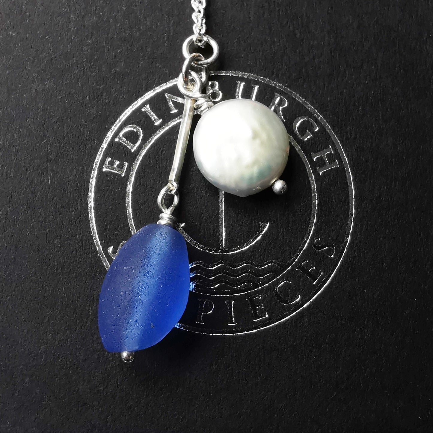 Scottish large blue sea glass bead and freshwater pearl duo, silver necklace - monopatin