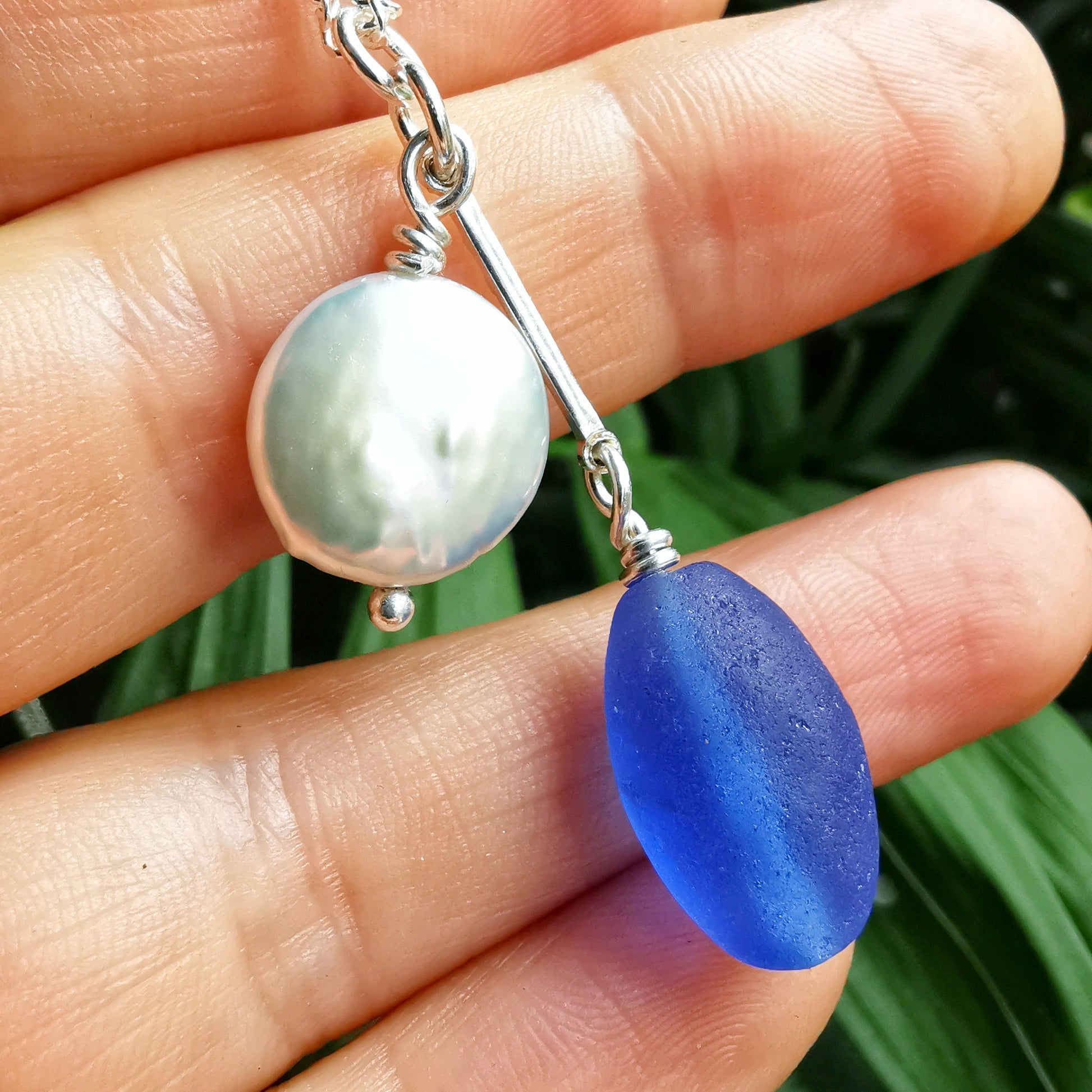 Scottish large blue sea glass bead and freshwater pearl duo, silver necklace - monopatin