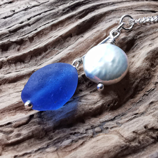 Scottish large blue sea glass bead and freshwater pearl duo, silver necklace - monopatin