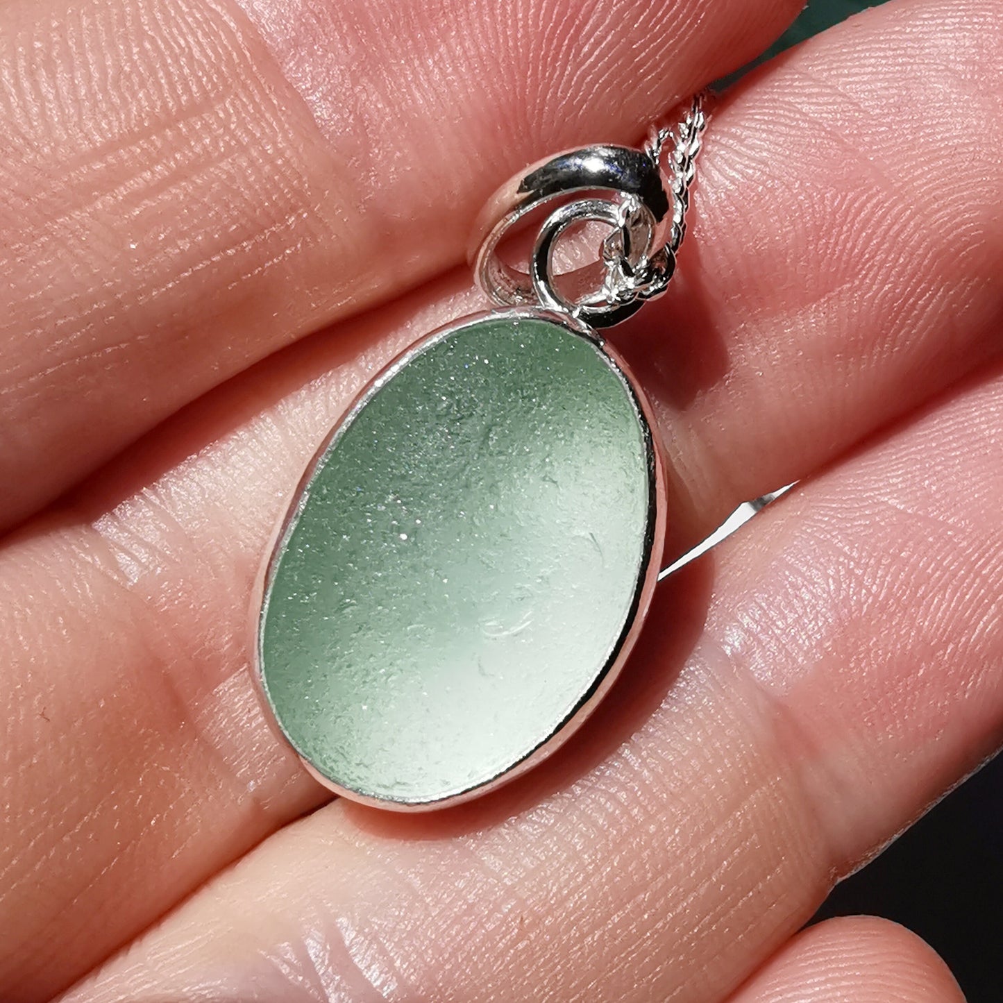 Scottish green sea glass pendant, sterling silver necklace - monopatin