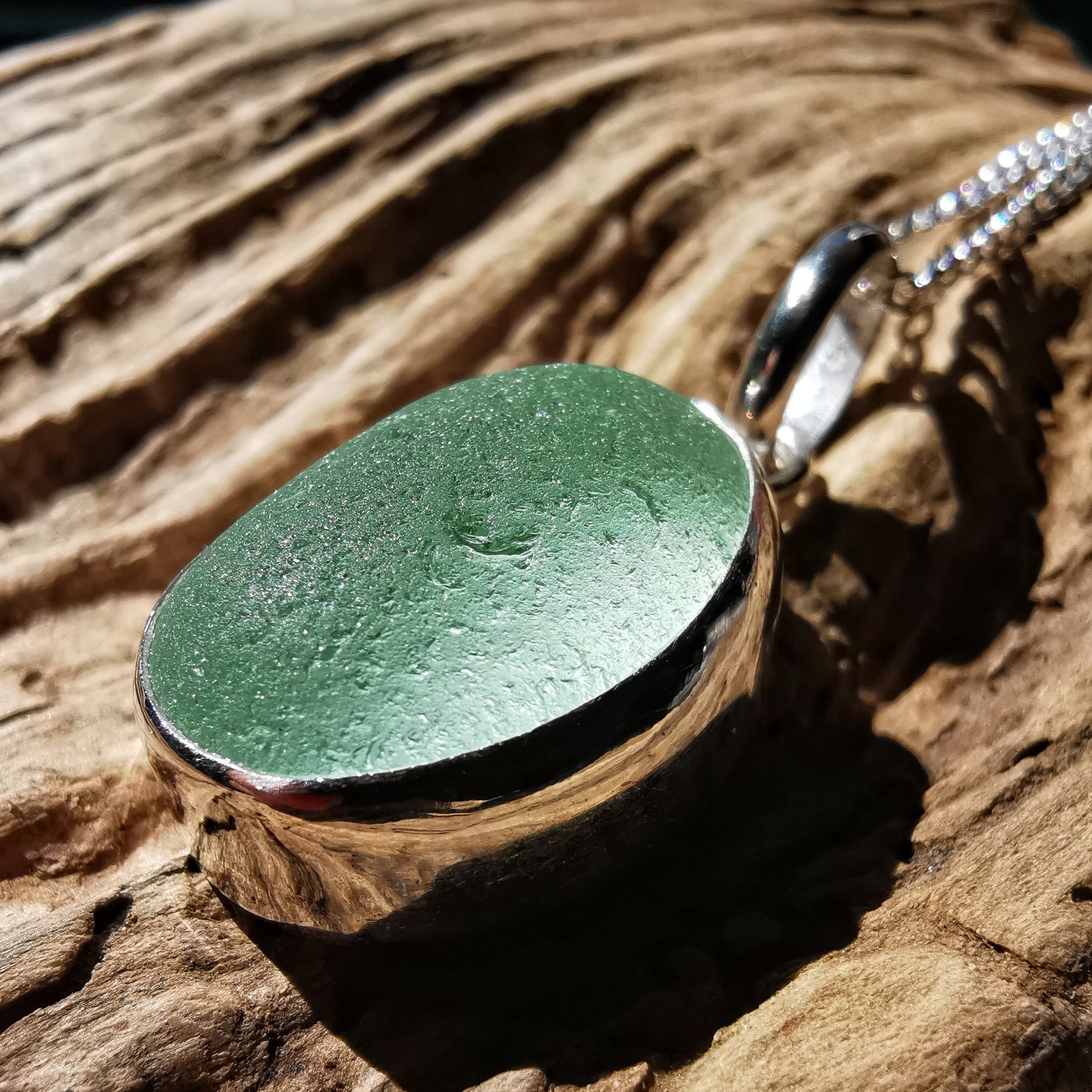 Scottish green sea glass pendant, sterling silver necklace - monopatin