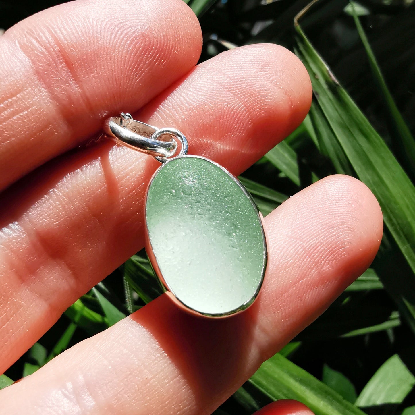 Scottish green sea glass pendant, sterling silver necklace - monopatin