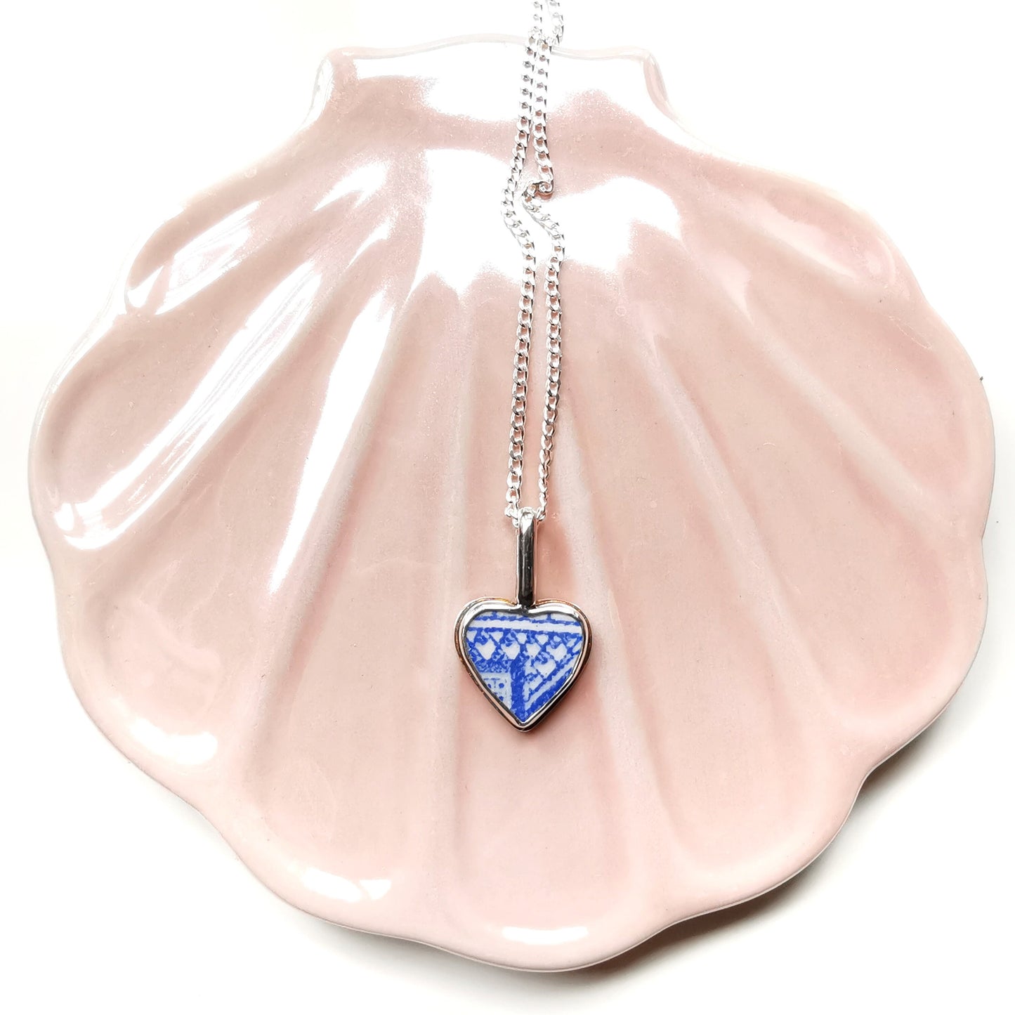 Scottish beach pottery blue willow pattern, heart pendant, silver necklace - monopatin