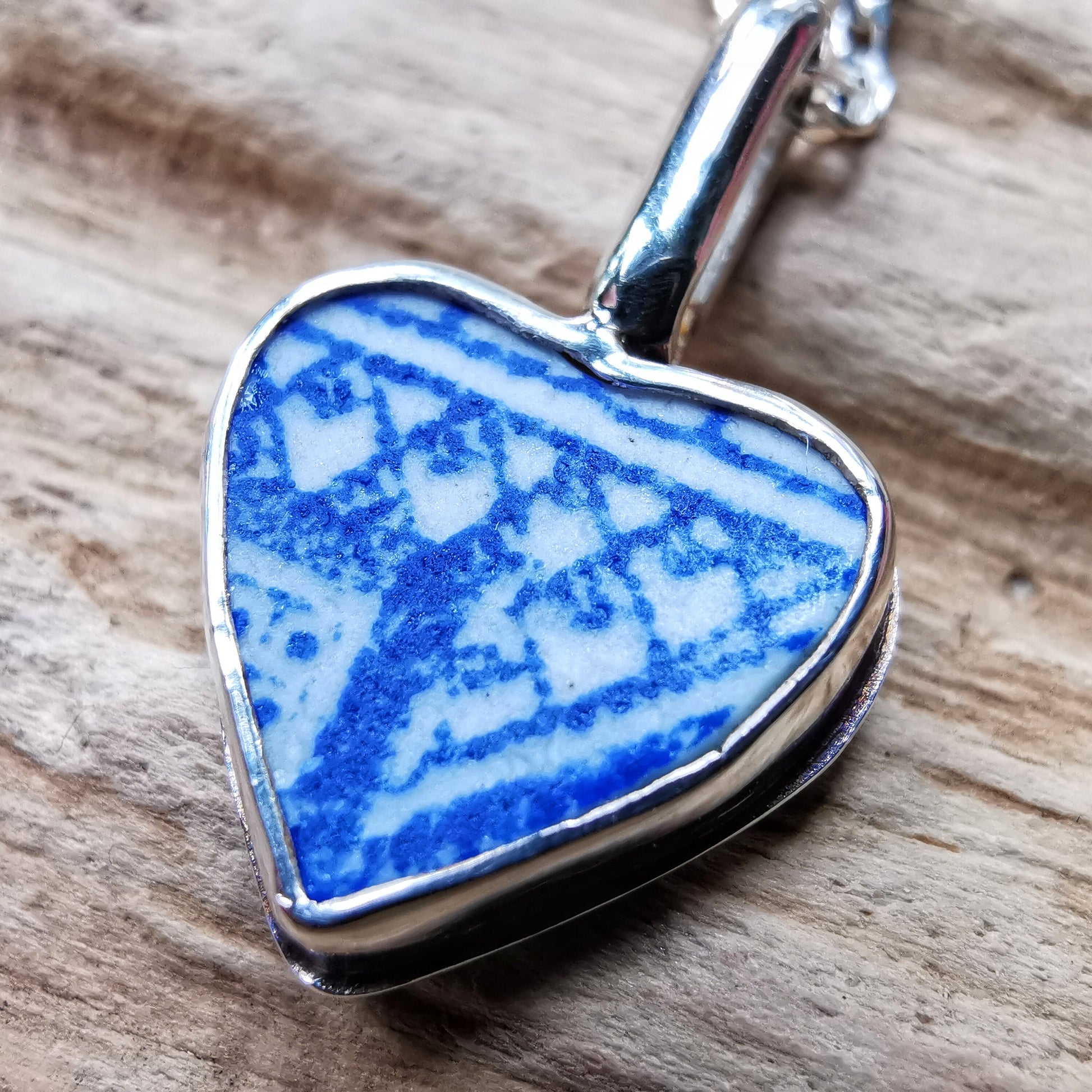 Scottish beach pottery blue willow pattern, heart pendant, silver necklace - monopatin