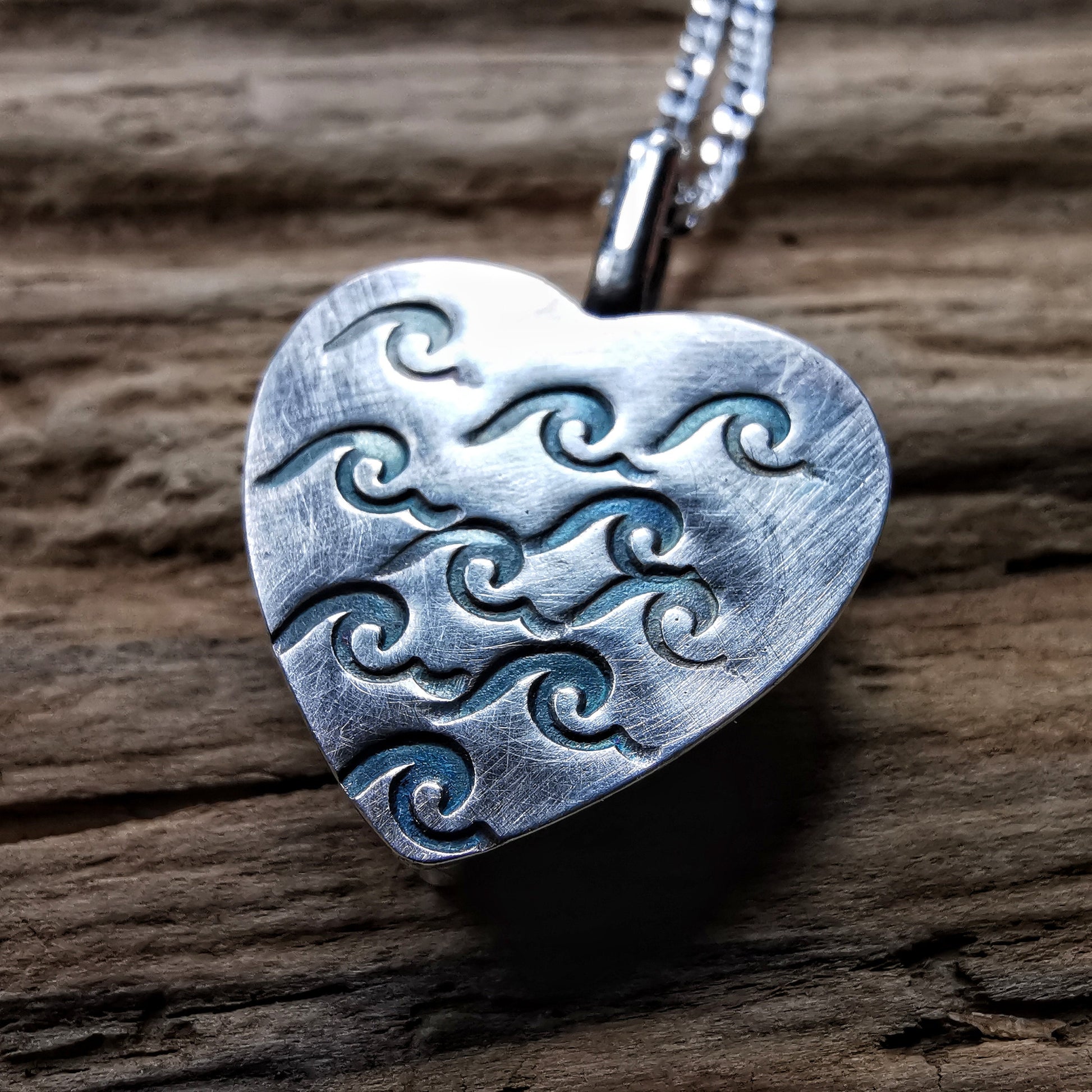 Scottish foliage pattern sea pottery heart pendant, sterling silver necklace - monopatin