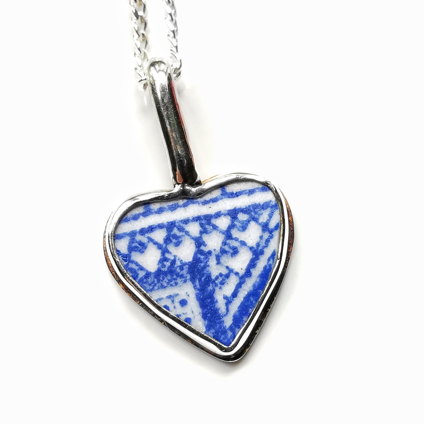 Scottish beach pottery blue willow pattern, heart pendant, silver necklace - monopatin