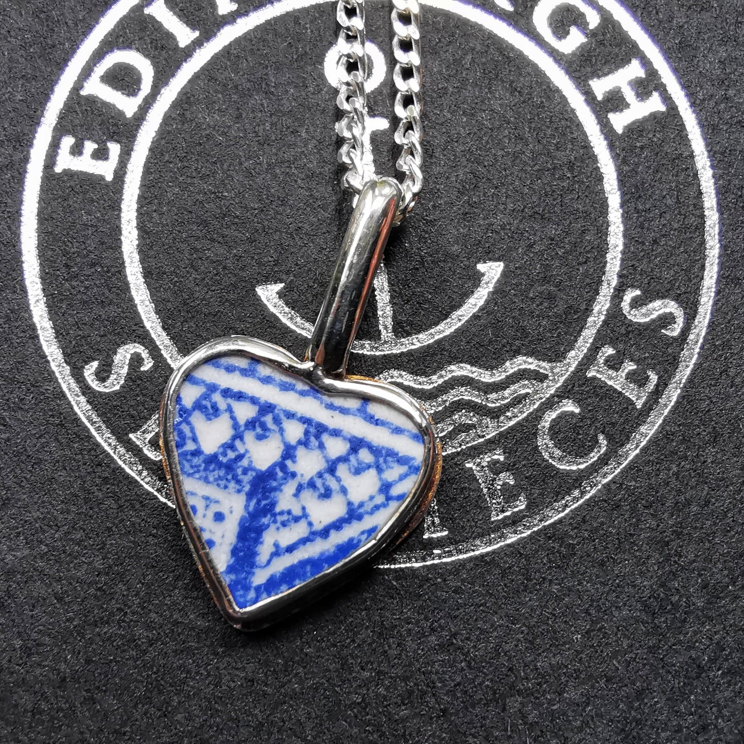 Scottish beach pottery blue willow pattern, heart pendant, silver necklace - monopatin