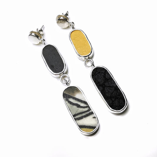 Mismatched yellow, black and white sea pottery, sterling silver earrings - monopatin