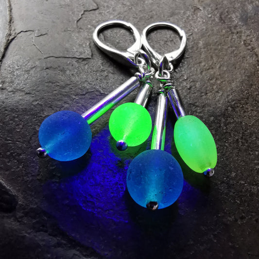 Genuine Scottish UV and aquamarine sea glass beads and sterling silver drop earrings - monopatin