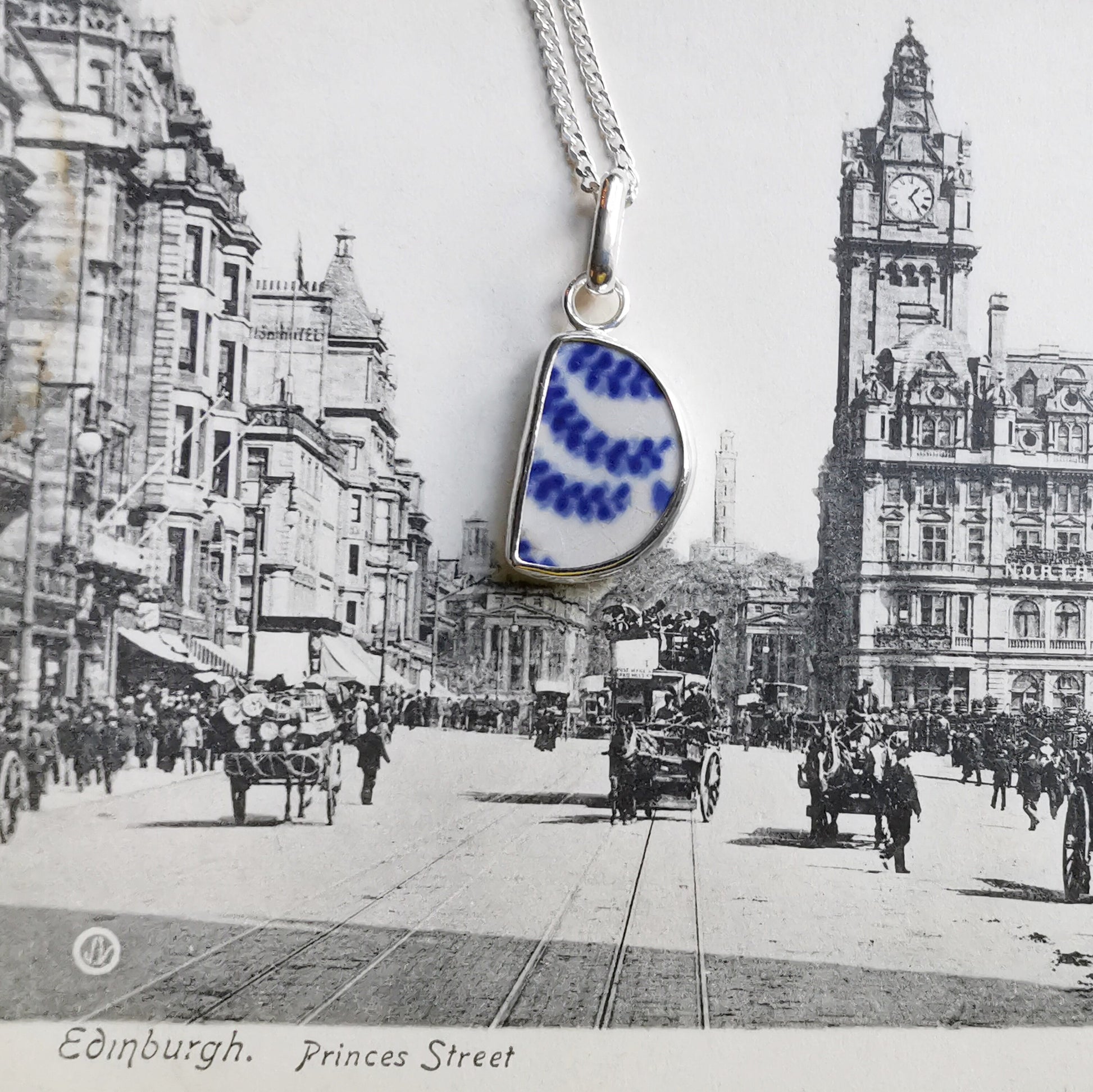 Scottish double sided beach pottery blue willow pattern pendant, silver necklace - monopatin