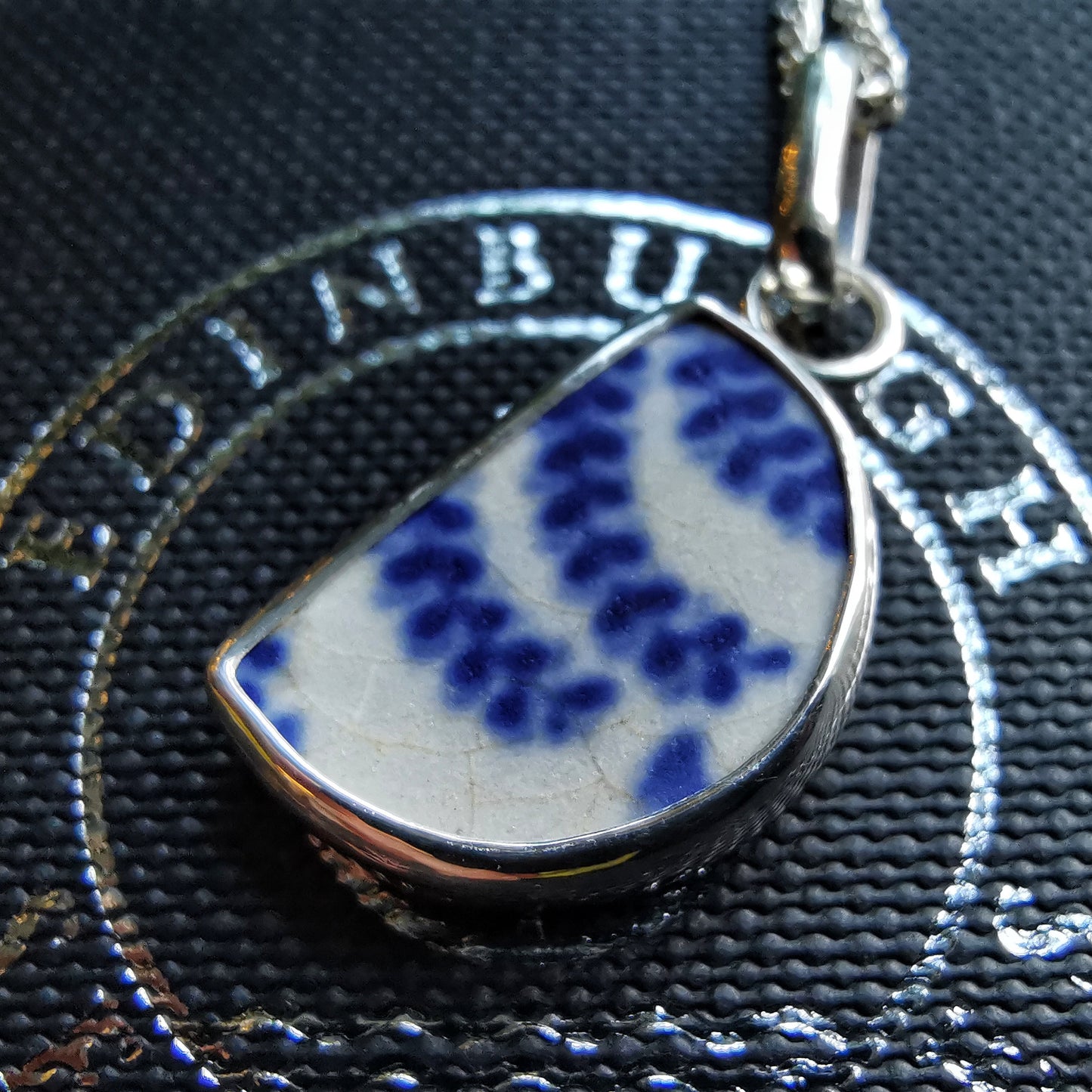 Scottish double sided beach pottery blue willow pattern pendant, silver necklace - monopatin