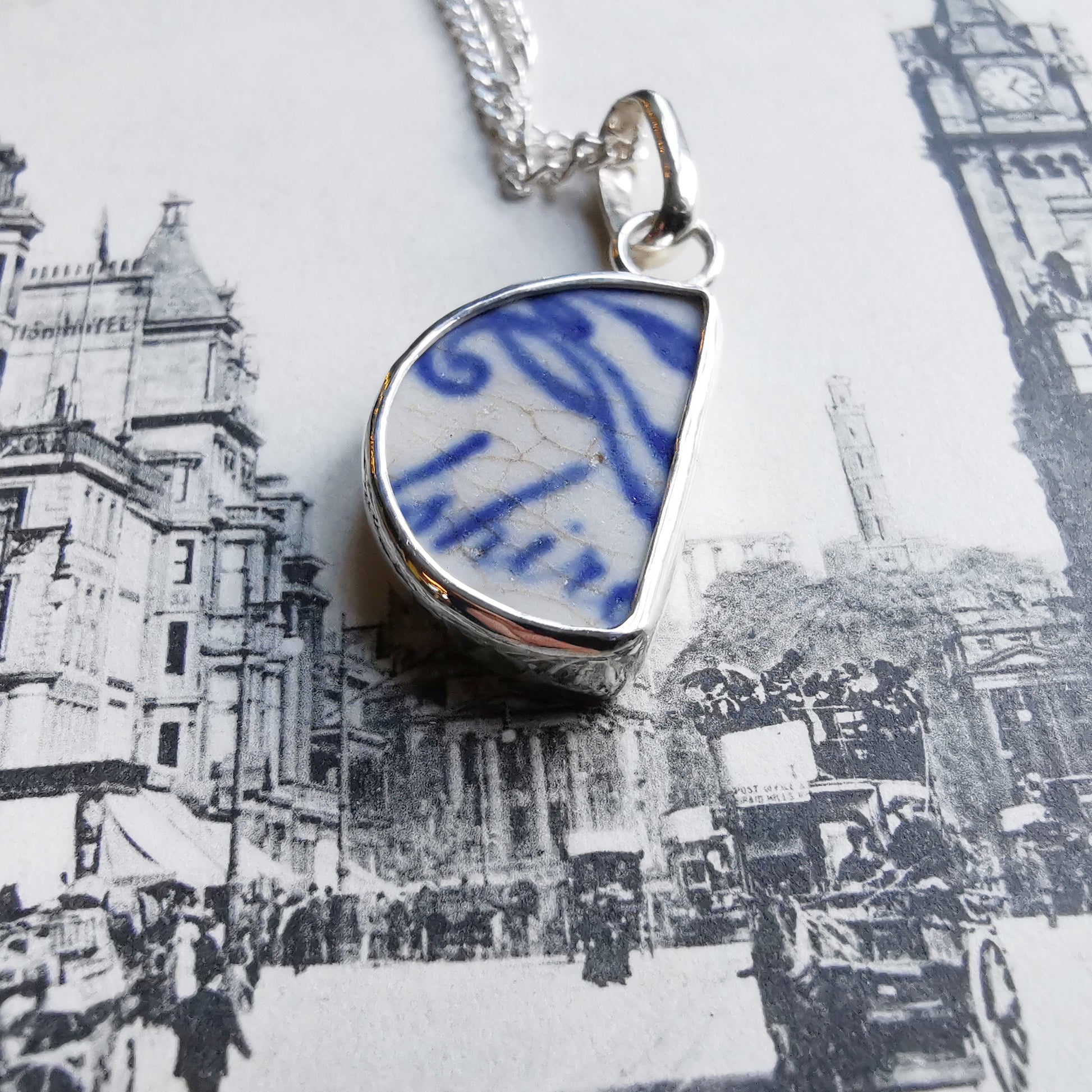 Scottish double sided beach pottery blue willow pattern pendant, silver necklace - monopatin